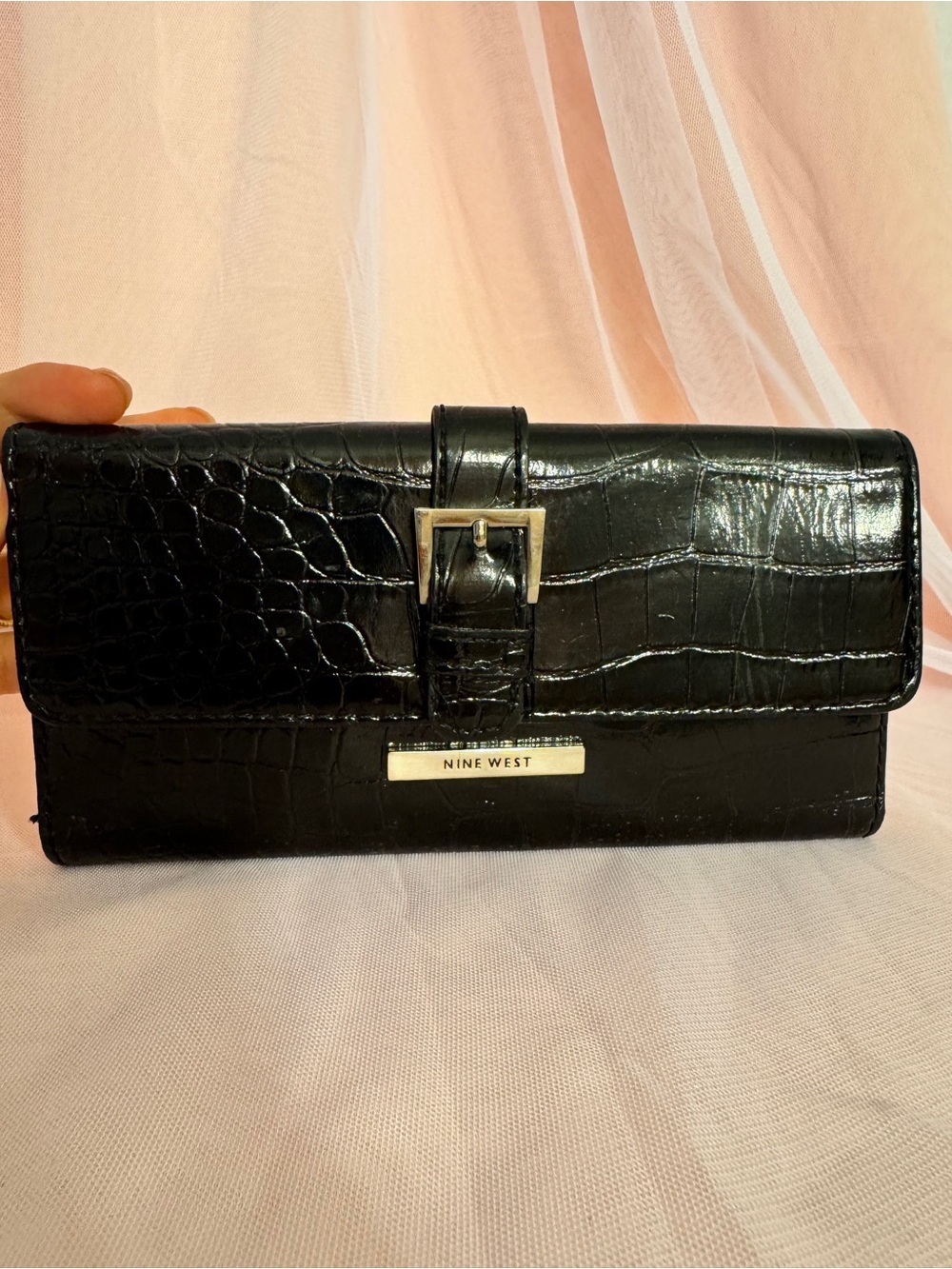👛[🌺Good]Nine West Black Croc Embossed Trifold Wallet Continental Clutch